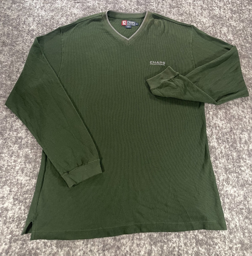 Ralph Lauren Chaps Mens XL Green Cotton V Neck Long Sleeve Shirt Sweater